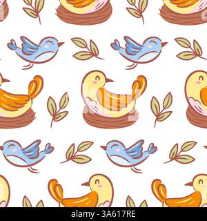 Ein bezauberndes, nahtloses Muster mit niedlichen Vögeln in einem Nest, fliegenden Vögeln und zarten Zweigen, die alle in einer schönen Skizze dargestellt sind Stock Vektor