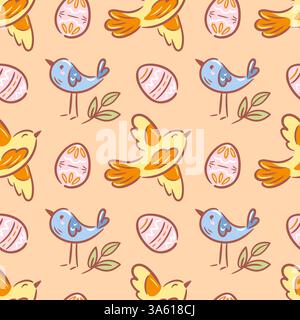 Ein lebhaftes, nahtloses Muster mit Frühlingsvögeln im Flug und verspielten Ostereiern in einem reizvollen Skizzenstil. Diese Abbildung zeigt Stock Vektor