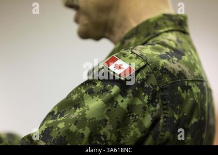 3. November 2014 - Edmonton, ab, Kanada - Captain Patrice Arsenault von der Royal Canadian Artillery Band dirigiert die Band der Cosmopolitan Music Society, während sie Forgetâ am Montag, den 3. November 2014, für das 25. Jährliche Lest We€¦ Ein musikalisches Tribute-Konzert im Old Strathcona Performing Arts Centre in Edmonton, Alta, einstudiert. Das von der Royal Canadian Legion präsentierte Konzert findet am 8. November um 19:30 Uhr im Winspear Centre von Edmonton statt. Zu den Gästen gehören Captain Patrice Arsenault, Louise Dawson-MacLean, die Viscount Park Pipe Band, die Canadian Forces Cenotaph Party, die Canadian Legion Colour Party und EM Stockfoto