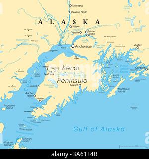 Anchorage und Kenai Peninsula, Alaska, politische Karte. Alaskas bevölkerungsreichste Stadt Anchorage und südlich davon die Kenai-Halbinsel. Stockfoto