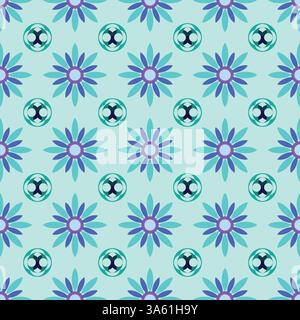 Atemberaubendes Pastellmuster mit Indigoblau-Tönen, farbenfrohen modernen Blumenmotiven und Stammeseinflüssen. Ideal für Tapeten, Stoff, Farbe Stockfoto