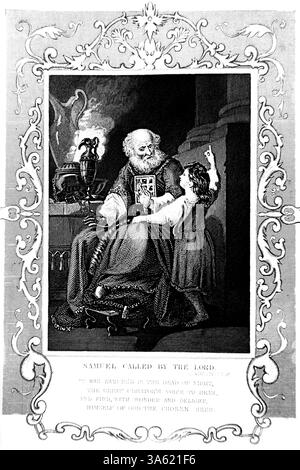 Illustration von Samuel gerufen vom Herrn - der junge Samuel mit dem Hohepriester Eli am Tabernakel Stahlstich von Alexander Fletcher um 1860 Stockfoto