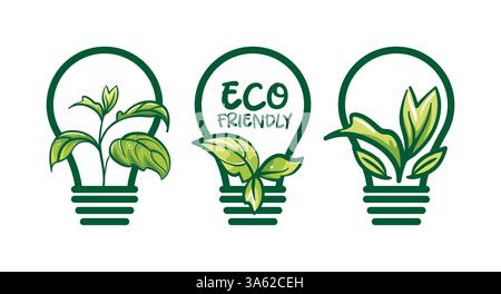 Vektor-Illustration mit einer Sammlung von Glühbirnen, die jeweils einzigartige grüne Pflanzen beherbergen. Dieses Design repräsentiert das Konzept von Green e Stock Vektor