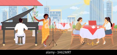 Ein talentierter Sänger spielt mit einem Flügel auf einer Dachterrasse voller fröhlicher Gäste. Die untergehende Sonne wirft ein warmes Leuchten über die Skyline der Stadt Stock Vektor