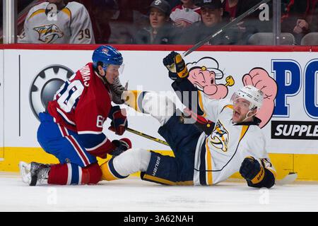 20. JANUAR 2015: Das Nashville Predators Center Calle Jarnkrok #19 reagiert, als der rechte Flügel von Montreal Canadiens Christian Thomas #60 ihn während eines NHL-Spiels zwischen den Nashville Predators und den Montreal Canadiens im Bell Centre in Montreal, Quebec, Kanada, beobachtet. Philippe Bouchard/CSM(Bild: © Philippe Bouchard/Cal Sports Med/Cal Sport Media/ZUMAPRESS.com) Stockfoto