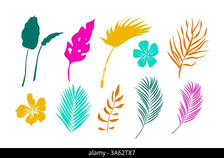 Set tropischer Blätter in flachem Stil isoliert auf weißem Hintergrund. Vektorabbildung Stock Vektor