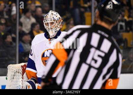 7. Februar 2015: Boston, Massachusetts, USA – der New York Islanders Torwart Chad Johnson (30) im NHL-Spiel zwischen den New York Islanders und den Boston Bruins im TD Garden in Boston, Massachusetts. Die Bruins besiegten die Islanders 2-1 in der regulatorischen Zeit. Eric Canha/CSM(Bild: © Eric Canha/Cal Sport Media/ZUMAPRESS.com) Stockfoto