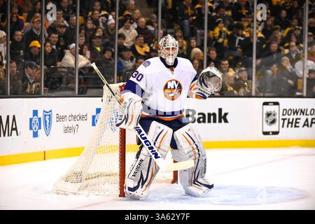 7. Februar 2015: Boston, Massachusetts, USA – der New York Islanders Torwart Chad Johnson (30) im NHL-Spiel zwischen den New York Islanders und den Boston Bruins im TD Garden in Boston, Massachusetts. Die Bruins besiegten die Islanders 2-1 in der regulatorischen Zeit. Eric Canha/CSM(Bild: © Eric Canha/Cal Sport Media/ZUMAPRESS.com) Stockfoto