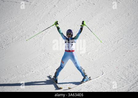 Februar 2015 - Beaver Creek, Colorado, USA S - TINA LABYRINTH aus Slowenien feiert nach der Überquerung der Ziellinie der Raptor-Rennstrecke während der Ladies' Alpine Combined Slalom-Lauf bei der FIS Alpine Ski World Championship 2015. MAZE gewann die Goldmedaille mit ihrem ersten Platz. (Bild: © Jason Connolly/ZUMA Wire/ZUMAPRESS.com) Stockfoto