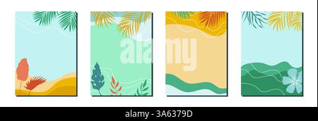 Set aus farbenfrohen Vektor-Sommer-Hintergründen mit tropischen Blättern und Wellen. Stock Vektor