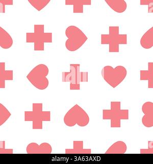 Rotes Kreuz und Herz Form nahtloses geometrisches Muster, medizinischer Hintergrund für Krankenhaus Wartezimmer. Vektorabbildung Stock Vektor