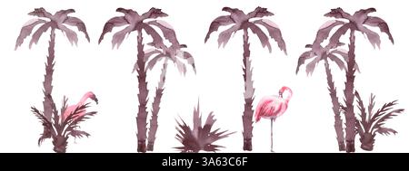 Nahtloser Rand mit Palmen und rosa Flamingo. Aquarellabbildungen monochrome tropische Silhouette Pflanzen. Sommerelement für Designeinladungen Stockfoto