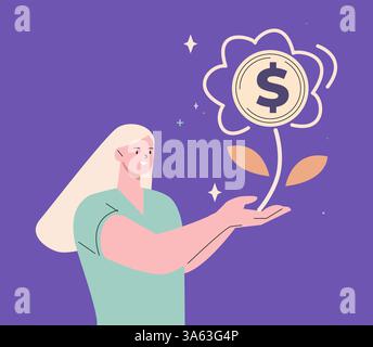 Frau mit goldener Münzblume. Finanzkonzept, Investitionen, Geschäftswachstum. Weibliche Figur erhielt Zuschuss oder Gewinn, Vektor-Geld-Konzept Stock Vektor