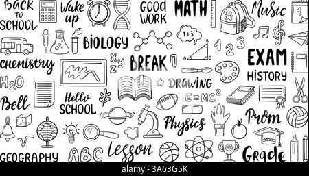 „Zurück zur Schule“-Schriftzug. Handgeschriebener Text Biologie Mathematik Physik, Unterrichtstitel, positive Phrasen. Kritzeln Sie Bildungssymbole, neoterische Vektorsymbole Stock Vektor