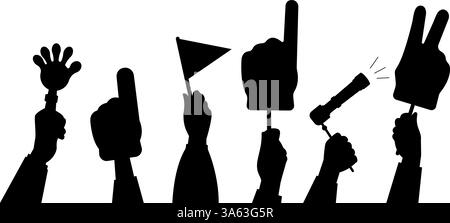 Fächerhände-Banner. Menschliche Hand halten Fahne, Schaumfinger, Piepton. Isolierte Sportfans, Festival-Silhouetten mit schwarzen Armen. Party, Wettbewerbssituation Hintergrund Stock Vektor