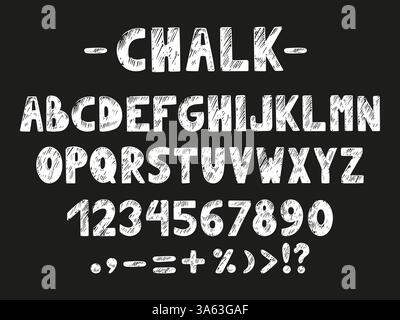 Alphabet mit weißer Kreide. Buchstaben, Zahlen und Markierungen handgezeichnet. Zurück zur Schule, Kindergarten Vorschule abc. Zeichenstift, neoterische Vektorsatz Stock Vektor