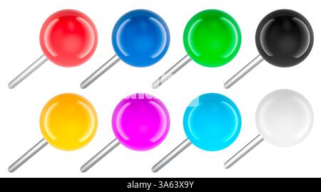 Farbige Rundkopf-Druckstifte, 3D-Rendering isoliert auf weißem Hintergrund Stockfoto