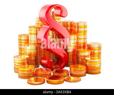 Abschnitt, Absatzsymbol mit goldenen Münzen, 3D-Rendering isoliert auf weißem Hintergrund Stockfoto