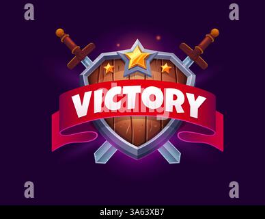 Das Symbol für den Sieg des Spiels, die ui-Auszeichnung mit leuchtenden goldenen Sternen, rotem Band und Holzschild mit gekreuzten Schwertern. Popup-Banner für Comic-Vektor-Grafiken für Gaming-Erfolge und -Gewinner Stock Vektor