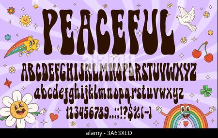 Groovige psychedelische Retro-Schriftart, Hippie-Schriftart, 60er Jahre trippische Schriftart, Vintage-englisches Alphabet mit Vektor-niedlichen Hippie-Regenbogen, Blumen- und Sternzeichen. Groovige psychedelische Schriftzeichen Buchstaben, Zahlen Stock Vektor
