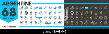 Argentinische Reise und Wahrzeichen der argentinischen Karte, Flagge und Wappen. Vektor-Umrisse Südamerika Tango, Fußball, Essen und Kultur Symbole. Argentinischer Gaucho, Mate Tee, Wasserfall und Wein Stock Vektor