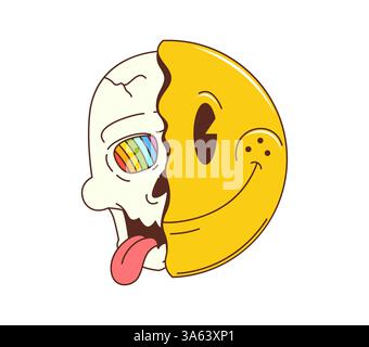 Retro-Hippie-Grooviges Symbol des surrealen Halb-Schädels mit psychedelischem Regenbogenauge und Half-Lächeln-gelbem Gesicht mit verspieltem, aber unheimlichem Ausdruck, der Leben und Tod vereint und Kontrast und Dualität symbolisiert Stock Vektor