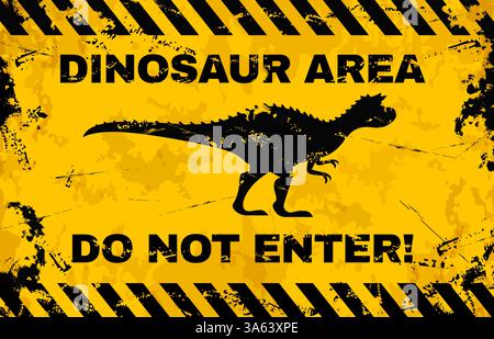 Dinosaurier-Warnschild oder grunge-Metallschild für Gefahrenzone, Vektorposter. Schild für den Dinosaurierbereich mit der Warnung „nicht eingeben“ auf der gelben Metallplatte, um Vorsicht zu vermeiden oder das Betreten von Personen zu verhindern Stock Vektor