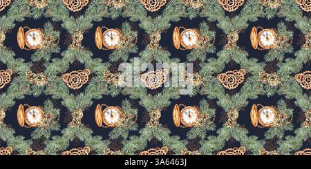 Tannenzweige, Kegel, Gras, Golduhr, Zahnradkomposition für Silvester und Weihnachten Aquarellillustration, handgezeichnet. Nahtloses Muster für den Winter Stockfoto