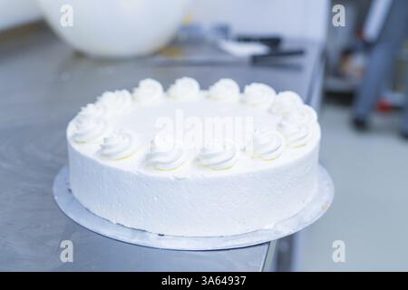 Weißer Kuchen dekoriert mit Cremepunkten auf einem Metalltisch in der Küche, Kuchenbacken, Haselstaller Hof Cafe Kuh, Wildberg, Schwarzwald, Deutschland, Europa Stockfoto