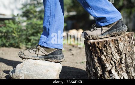 Brown, Wanderschuhe auf einem Baumstumpf im Wald Stockfoto