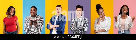 Vielfältige Gruppe fröhlicher junger Erwachsener, die gemeinsam einen lustigen Lebensstil genießen Stockfoto