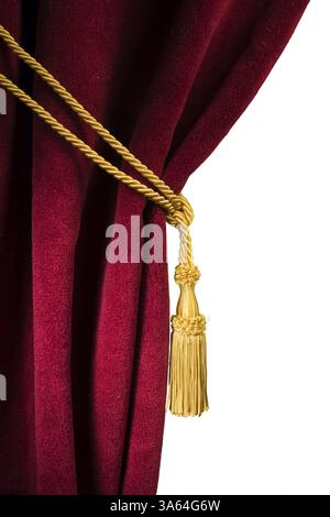 Roter Samtvorhang mit Quaste. Hautnah weiße isoliert Vorhang Stockfoto