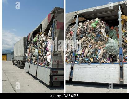 LKW mit der Verwertung von Abfällen beauftragt. Zwei Bilder Stockfoto