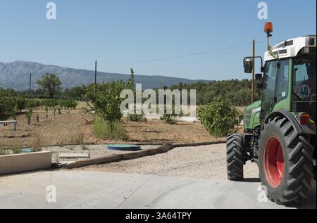 Traktor und Weinberge. Blauer Himmel Stockfoto
