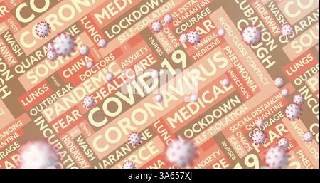 COVID-19-pandemische Wortwolke mit Viruspartikeln im Vordergrund Stockfoto
