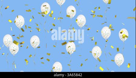Bild von weißen Luftballons, die fliegen, und goldenem Konfetti auf blauem Hintergrund Stockfoto