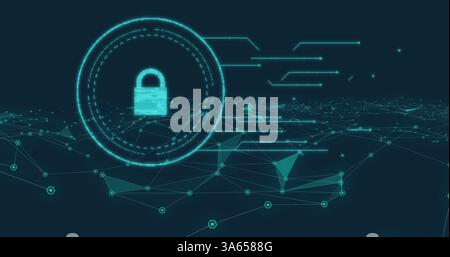 Abbildung: Flimmerndes Online-Sicherheitsvorhängeschloss über das Netzwerk von Verbindungen Stockfoto