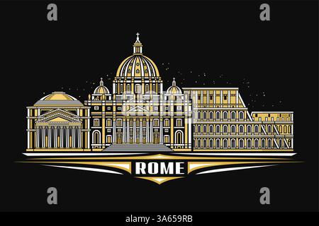 Vektorillustration von Rom, dunkle horizontale Karte mit linearem Design historische rom Stadtlandschaft auf nächtlichem Sternenhimmel Hintergrund, europäische städtische lin Stock Vektor