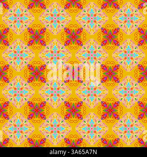 Buntes Mandala Kaleidoskop Muster auf gelbem Hintergrund Stockfoto