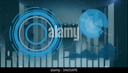 Bild des Scans und der Datenverarbeitung von Oszilloskopen auf blauem Hintergrund Stockfoto