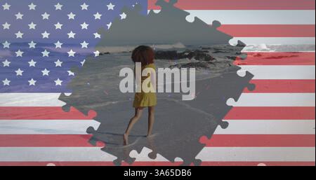 Bild eines Puzzles mit amerikanischer Flagge, das Konfetti und eine Frau enthüllt, die am Strand tanzt Stockfoto