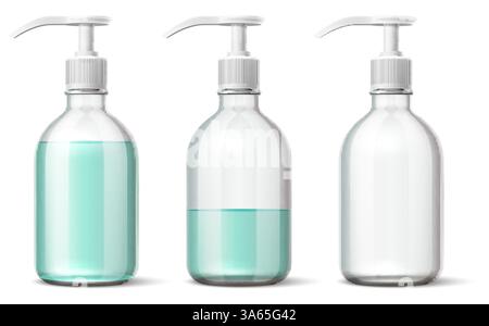 Realistische Kunststoffblase. Seifenspender mit unterschiedlichen Flüssigkeitsständen. Volle und leere Flasche. Shampoo Glas. 3D-Pumpe transparenter Behälter. Kosmetikbad Stock Vektor