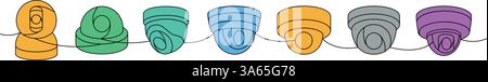Sicherheitskameras, einzeilige, durchgehende Zeichnung. Schutzsystem für Wohnräume. Vektorabbildung. Stock Vektor