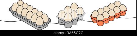 Hühnereier in Boxen, einzeilige, durchgehende Zeichnung. Gekochte Eier, gebrochene Eierschalen, Omelett, Protein und Eigelb. Vektorabbildung Stock Vektor