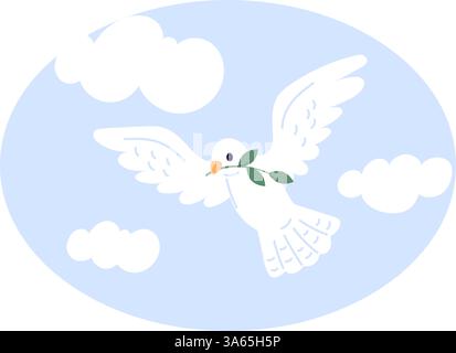 Taube des Friedens mit Olivenzweig im Schnabel. Taube, die zwischen Wolken fliegt. Symbol der Liebe und Freiheit. Hope Bird. Friedliches Tier. Flügel des Glaubens. Spirituell Stock Vektor