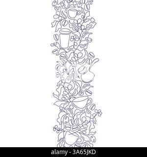 Kaffeestreifen, grafisches nahtloses Muster. Abstrakte lineare Becher, Cezve, Aromabohnen. Tropischer westafrikanischer Busch. Wiederholen Sie die Skizze der Vektorkontur auf weißem Ba Stock Vektor