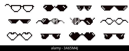 Pixelbrille 8 Bit y2k, Sonnenbrille. MEME-Symbol, Brillen. Mafia Meme Streich lustige schwarze Hipster Brille für Gangster. Vektorabbildung Stock Vektor