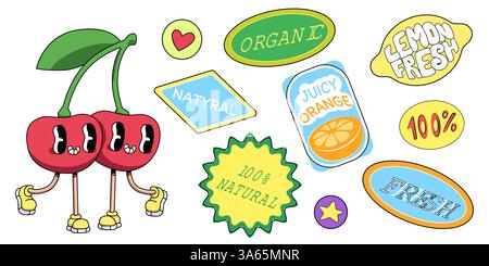 Obstaufkleber im Retro-Stil mit organischen, natürlichen, frischen Etiketten – Kirschen-Zeichen, Zitronenorangensaft-Abzeichen. Hippie Vibe 1970er Jahre Doodle Kollektion, groovige Cartoon Food Packaging Designelemente. Stock Vektor