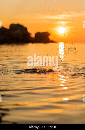 Wunderschöner Sonnenaufgang in Rot und Orange über dem Meer. Wunderschöne Küstenlandschaft Stockfoto