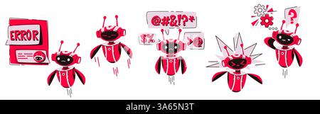 Rote Roboter-Zeichentrickfiguren – Fehlermeldungen, Zahnräder, Sprechblasen mit Textsymbolen, Frage- und Ausrufezeichen. Angry Broken Robots flache Illustrationssammlung für gescheitertes Chatbot-Konzept. Stock Vektor